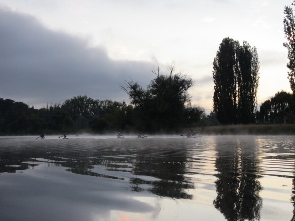 Misty morning kayakers from the BGCC burning up the Molonglo River