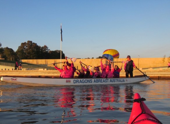The soft pastel colours of this morning’s sunrise set the tone for a beautiful meeting with the ladies who were paddling the ‘DRAGONS ABREAST AUSTRALIA’ dragon boat this morning.